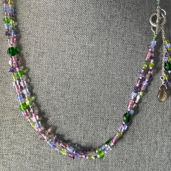 NEW Springtime Green Purple Blue & Pink Beads & Silver Tassel 2-Strand Necklace - Picture 2 of 7